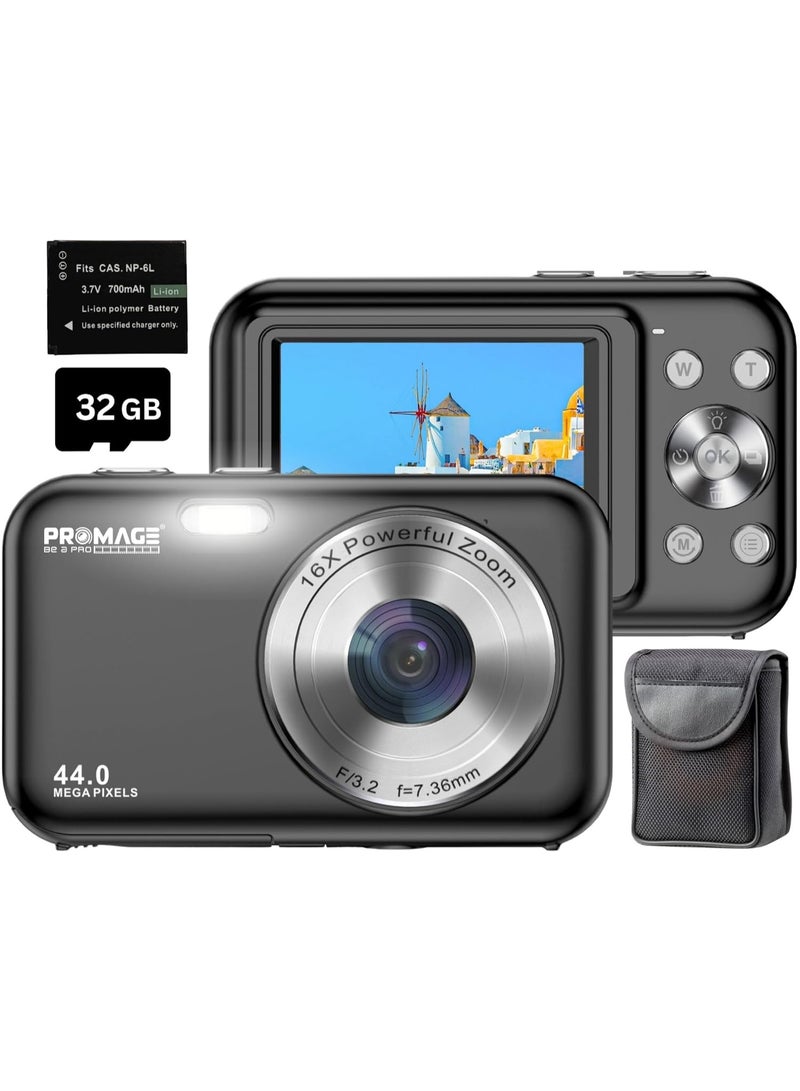 برو ميج كاميرا رقمية PROMAGE PC95 باللون الأسود – بدقة 44 ميجابكسل، فيديو 1080p، شاشة 2.4 بوصة، تقريب 16X، قابلة لإعادة الشحن، مع حقيبة حمل SOLIBAG - Image 1