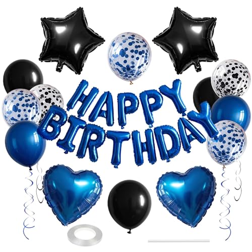 WEIKA 27 Pcs Blue Black Birthday Decorations 3D Letters Blue Happy Birthday Balloon Banner Pentagram Heart Foil Balloons Confetti Balloons Kit For Boys Girls Party Supplies - Image 1