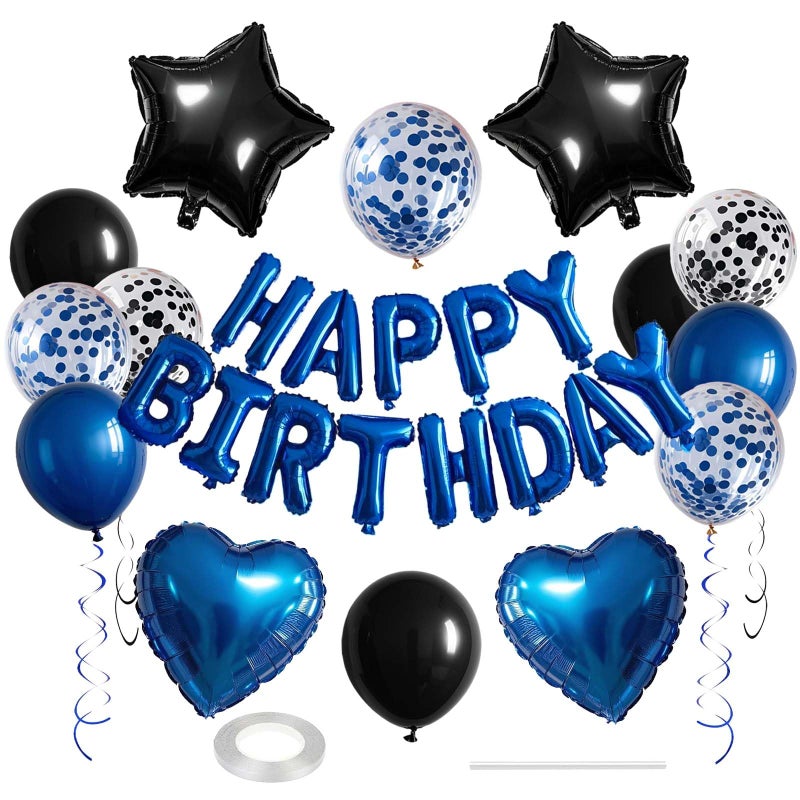 WEIKA 27 Pcs Blue Black Birthday Decorations 3D Letters Blue Happy Birthday Balloon Banner Pentagram Heart Foil Balloons Confetti Balloons Kit For Boys Girls Party Supplies - Image 3