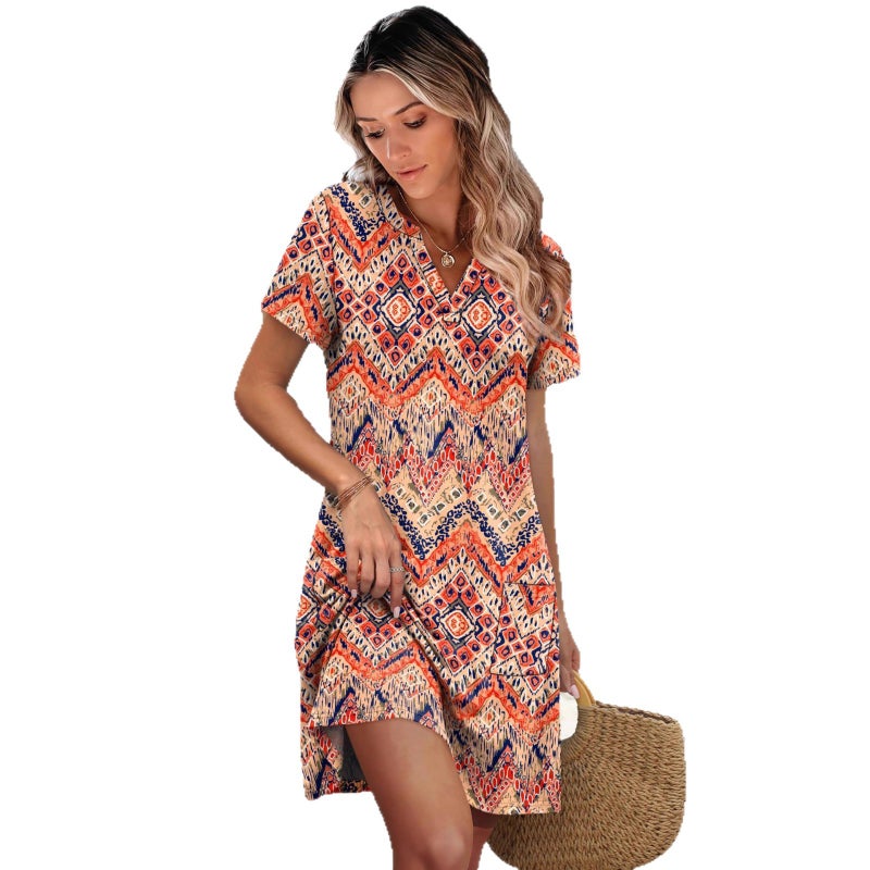 Women's Summer V-Neck Floral Print Short Sleeve Midi Dress - Image 5