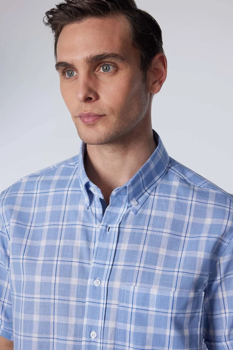 تودورس Classic Fit Short Sleeve Button Collar Single Pocket Checked Summer Linen Effect Men's Shirt