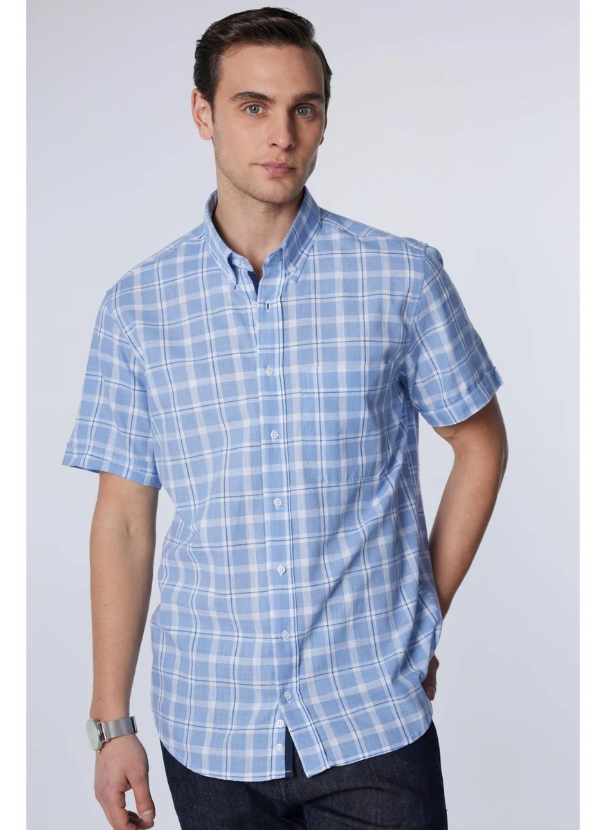 Tudors Classic Fit Short Sleeve Button Collar Single Pocket Checked Summer Linen Effect Men's Shirt