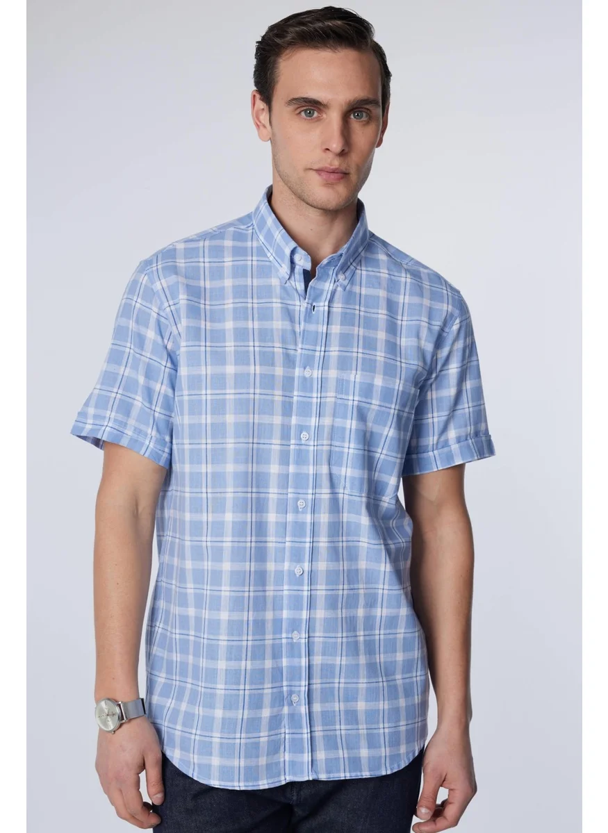 Tudors Classic Fit Short Sleeve Button Collar Single Pocket Checked Summer Linen Effect Men's Shirt
