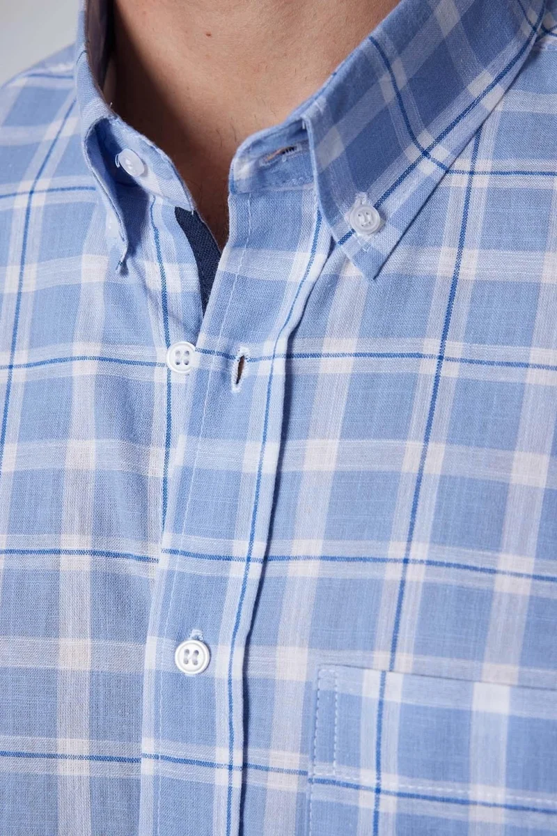 تودورس Classic Fit Short Sleeve Button Collar Single Pocket Checked Summer Linen Effect Men's Shirt
