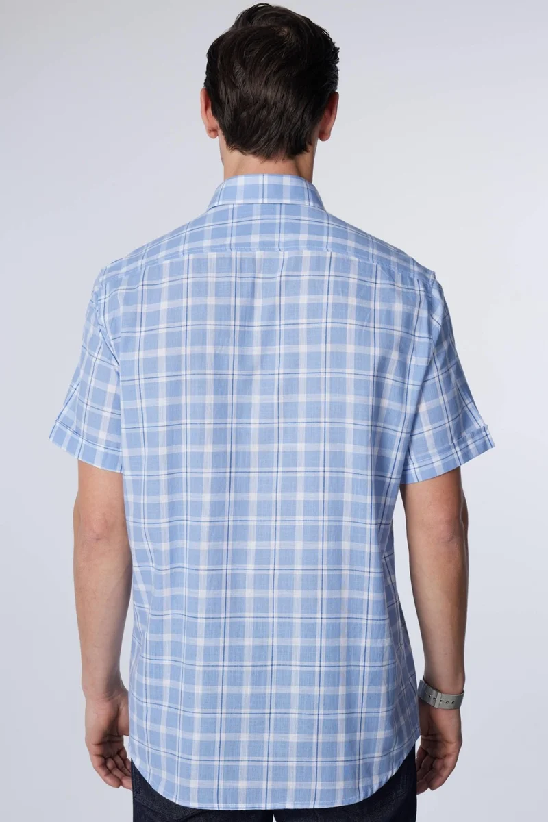 تودورس Classic Fit Short Sleeve Button Collar Single Pocket Checked Summer Linen Effect Men's Shirt