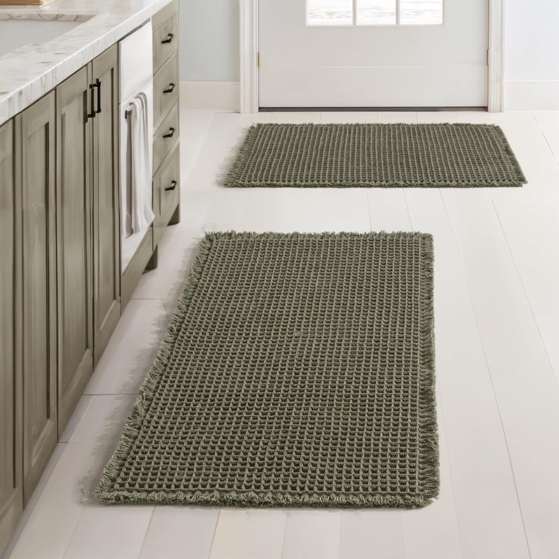 MIULEE Set of 2 Waffle Bathroom Rugs, Super Absorbent Non Slip Bath Rugs, Washable Bath Mats with Tassels, Ultra Soft Rubber Backed Shower Mats for Bathroom Floor, Tub, Christmas Green, 17x24 Inch - Image 1