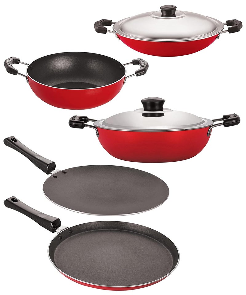 Nirlon Nirlon Non-Stick Aluminium Cookware Set, 6-Pieces, Red & Black - Image 1