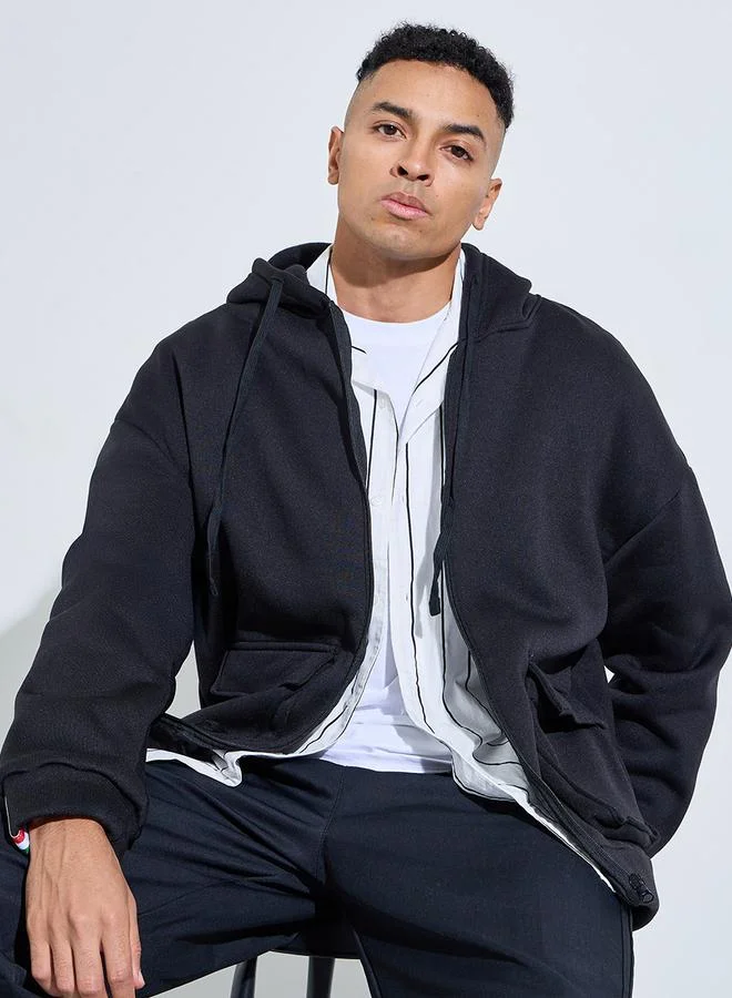 ستايلي Black Baggy Pocket Hooded Zip-Up Sweat Jacket