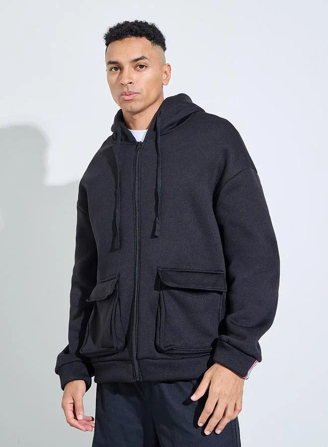 Styli  Black Baggy Pocket Hooded Zip-Up Sweat Jacket for Men | Best Price UAE