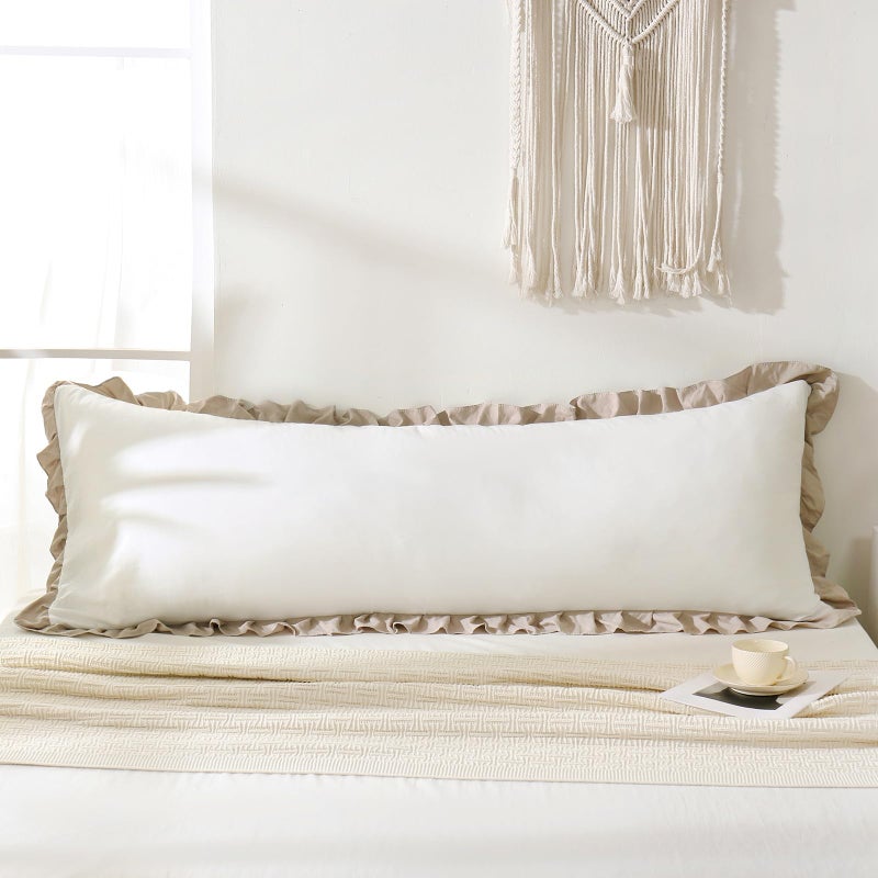 Merryword Taupe Body Pillow Cover 20x54inches White and Taupe Reversible Long Pillowcase Ruffled Body Pillowcases Cute Pillowcase Pillow Sham (1 Body  White Taupe) - Image 1