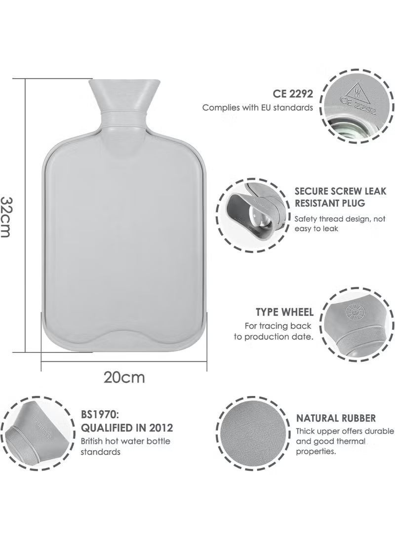 AZMARO 2000ml Hot Water Bottle with Soft Plush Cover, Natural Rubber Leak-Proof Heat Compress Bag for Pain Relief, Neck, Back, Abdomen & Muscle Soothing (Grey) - Image 3