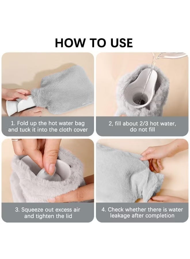 AZMARO 2000ml Hot Water Bottle with Soft Plush Cover, Natural Rubber Leak-Proof Heat Compress Bag for Pain Relief, Neck, Back, Abdomen & Muscle Soothing (Grey) - Image 2