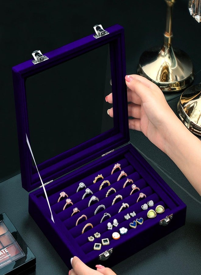 Coobbar 7-Row Royal Blue Ring & Earring Organizer, Transparent Lid Jewelry Box, Luxury Lockable Holder, 2-Pack Jewelry Tray Display for Shows, Countertop Storage Case - Image 4