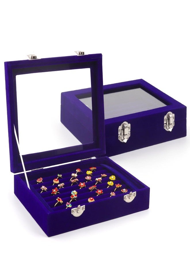 Coobbar 7-Row Royal Blue Ring & Earring Organizer, Transparent Lid Jewelry Box, Luxury Lockable Holder, 2-Pack Jewelry Tray Display for Shows, Countertop Storage Case - Image 1