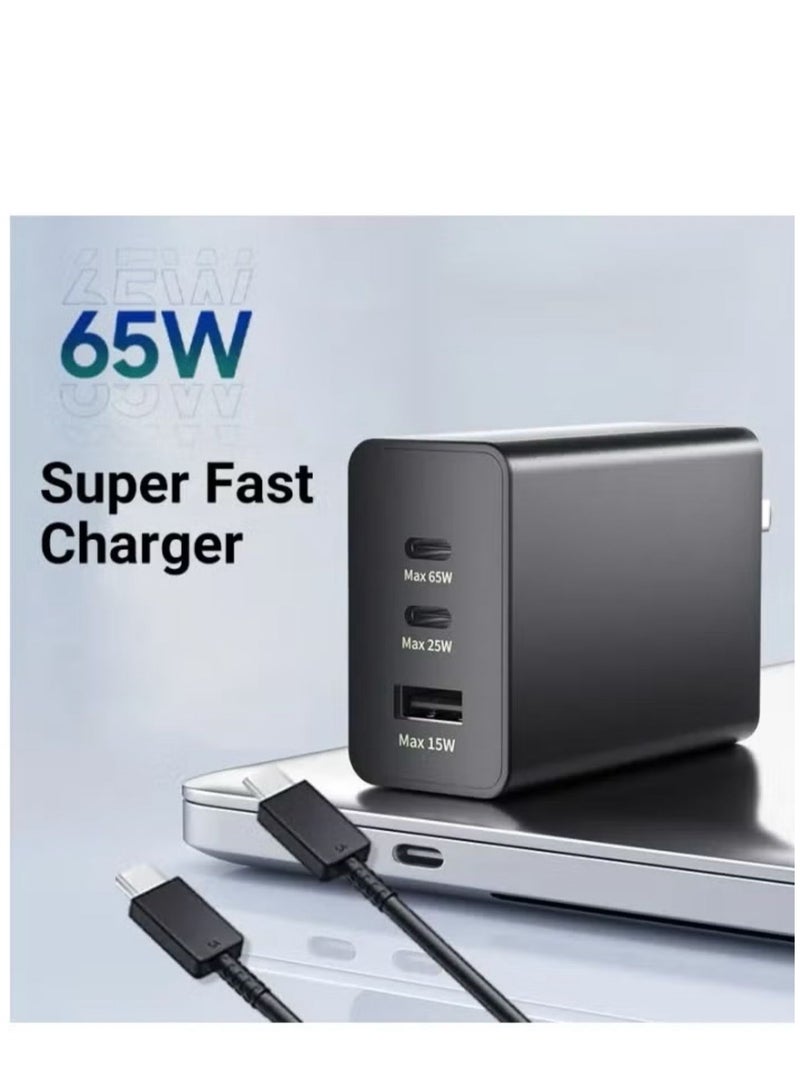 65W Fast Charger for Galaxy Three-Port Charger Head with USB Type-C Charging Cable, S25 Ultra S24 Ultra S23 Ultra S23 Plus S23 S23 S22 Ultra S22 S21 Ultra S21 S21 A54 A53 A52A - Image 1
