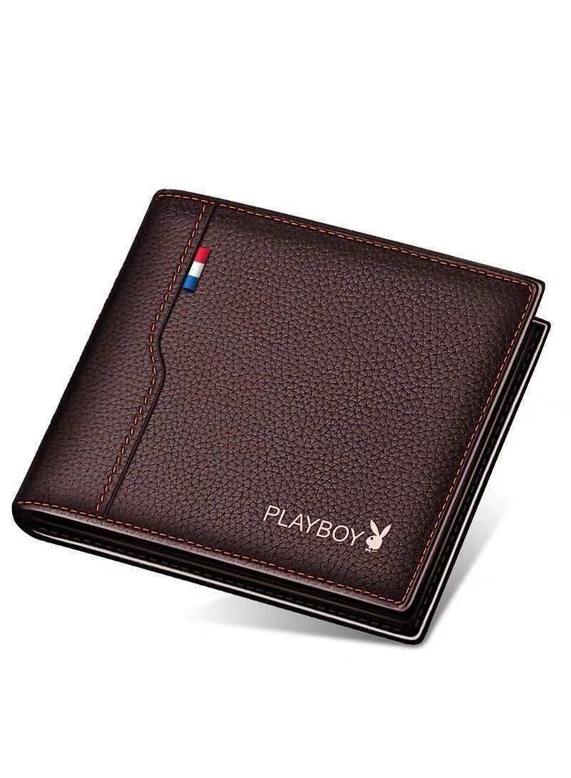 PLAYBOY Classic Dark Brown Genuine Leather Wallet - Men's Business & Casual Money Clip - Image 1