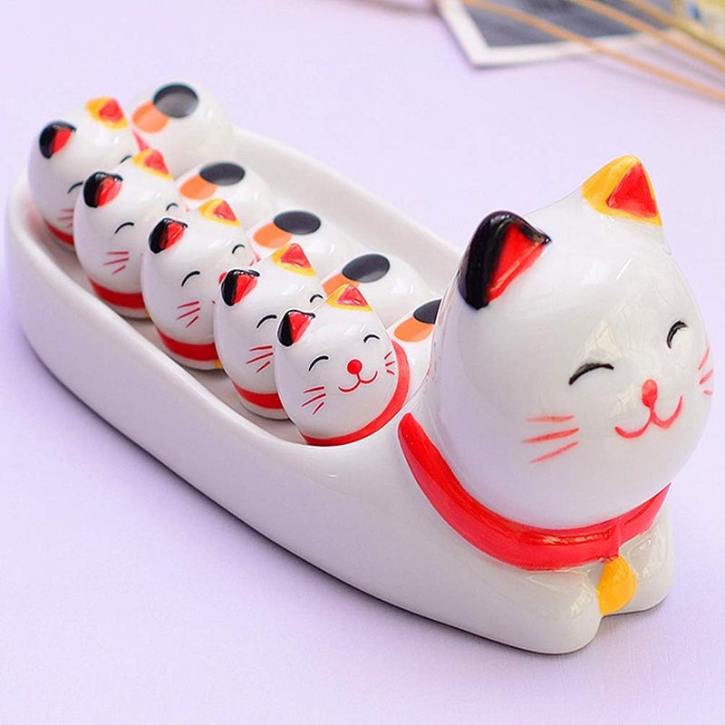 Ponerine 6Piece Cute Ducks Ceramic Chopstick Rests Spoon Fork Knife Holder Stand Festive Dinner Table Ornament Set Lucky Cat Set - Image 4