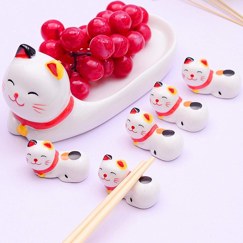 Ponerine 6Piece Cute Ducks Ceramic Chopstick Rests Spoon Fork Knife Holder Stand Festive Dinner Table Ornament Set Lucky Cat Set - Image 1