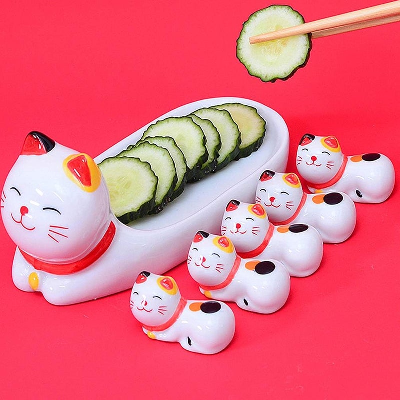 Ponerine 6Piece Cute Ducks Ceramic Chopstick Rests Spoon Fork Knife Holder Stand Festive Dinner Table Ornament Set Lucky Cat Set - Image 2