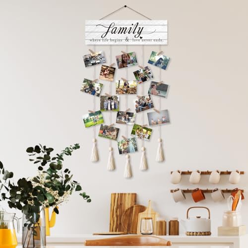 Gwisml Photo Wall Display,Collage Picture Frame,Clip Photo Holders for Wall,Wooden Hanging Photo Display with 16 Clips 5 Strings,Family Where Life Begins and Love Never Ends Sign Wall Decor - Image 5