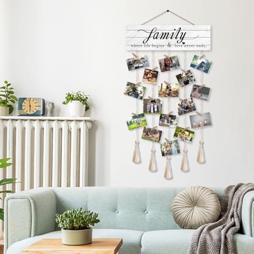 Gwisml Photo Wall Display,Collage Picture Frame,Clip Photo Holders for Wall,Wooden Hanging Photo Display with 16 Clips 5 Strings,Family Where Life Begins and Love Never Ends Sign Wall Decor - Image 4