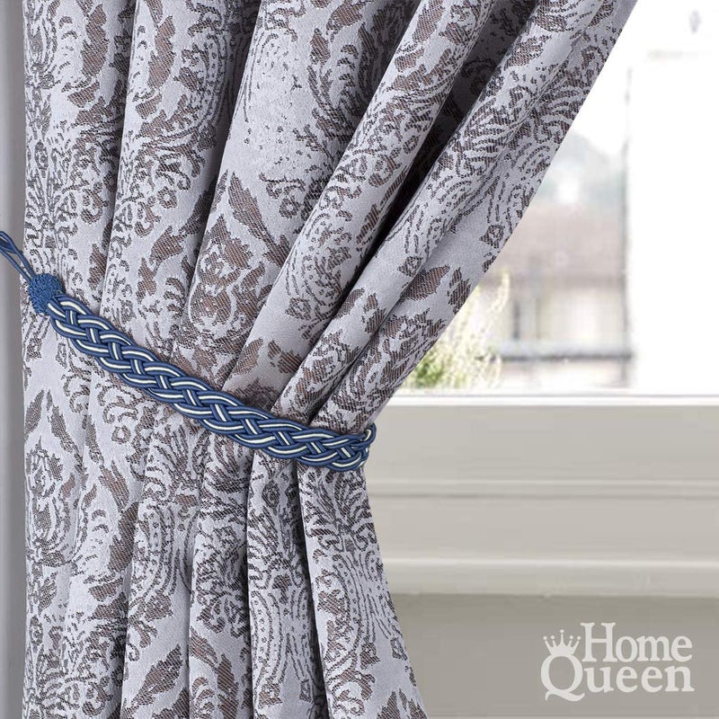 Home Queen Hand Braided Curtain Tie Back  Buckle Holdback Drapery Curtain Tiebacks  2 Rope Belt Curtain Tie With 2 Metal Hooks  Navy And Silver - Image 2