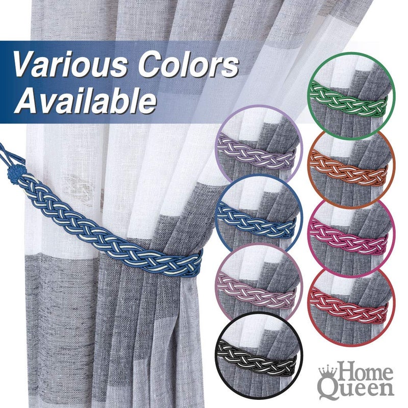 Home Queen Hand Braided Curtain Tie Back  Buckle Holdback Drapery Curtain Tiebacks  2 Rope Belt Curtain Tie With 2 Metal Hooks  Navy And Silver - Image 5