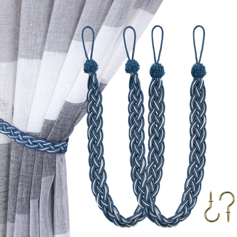 Home Queen Hand Braided Curtain Tie Back  Buckle Holdback Drapery Curtain Tiebacks  2 Rope Belt Curtain Tie With 2 Metal Hooks  Navy And Silver - Image 1