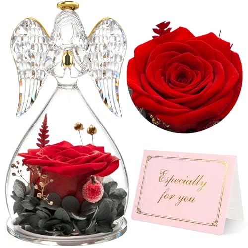 Yamonic Gifts for Mom Birthday Gifts for Women Her, Forever Preserved Flowers Rose in Glass Angel Figurines Fresh Flowers for Delivery, Christmas Mothers Day Valentines Gifts for Grandma Wife Daughter - Image 1