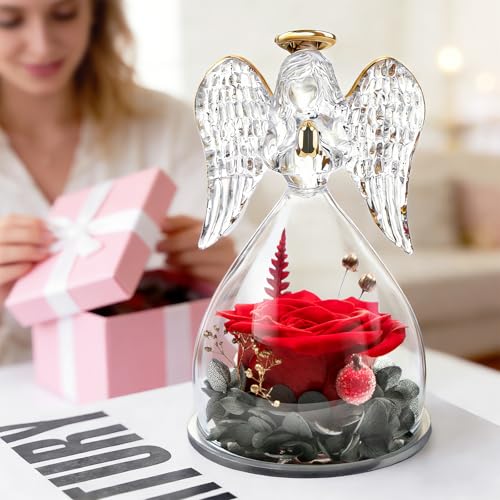 Yamonic Gifts for Mom Birthday Gifts for Women Her, Forever Preserved Flowers Rose in Glass Angel Figurines Fresh Flowers for Delivery, Christmas Mothers Day Valentines Gifts for Grandma Wife Daughter - Image 2