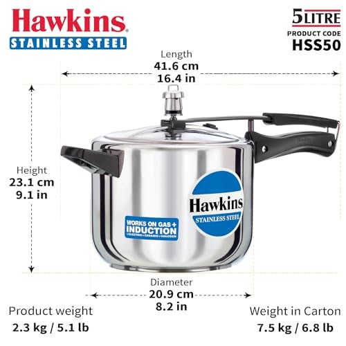 Hawkins هاوكينز قدر ضغط 5 لتر، غطاء داخلي من الفولاذ المقاوم للصدأ، قدر تحريض، فضي (HSS50) - Image 3