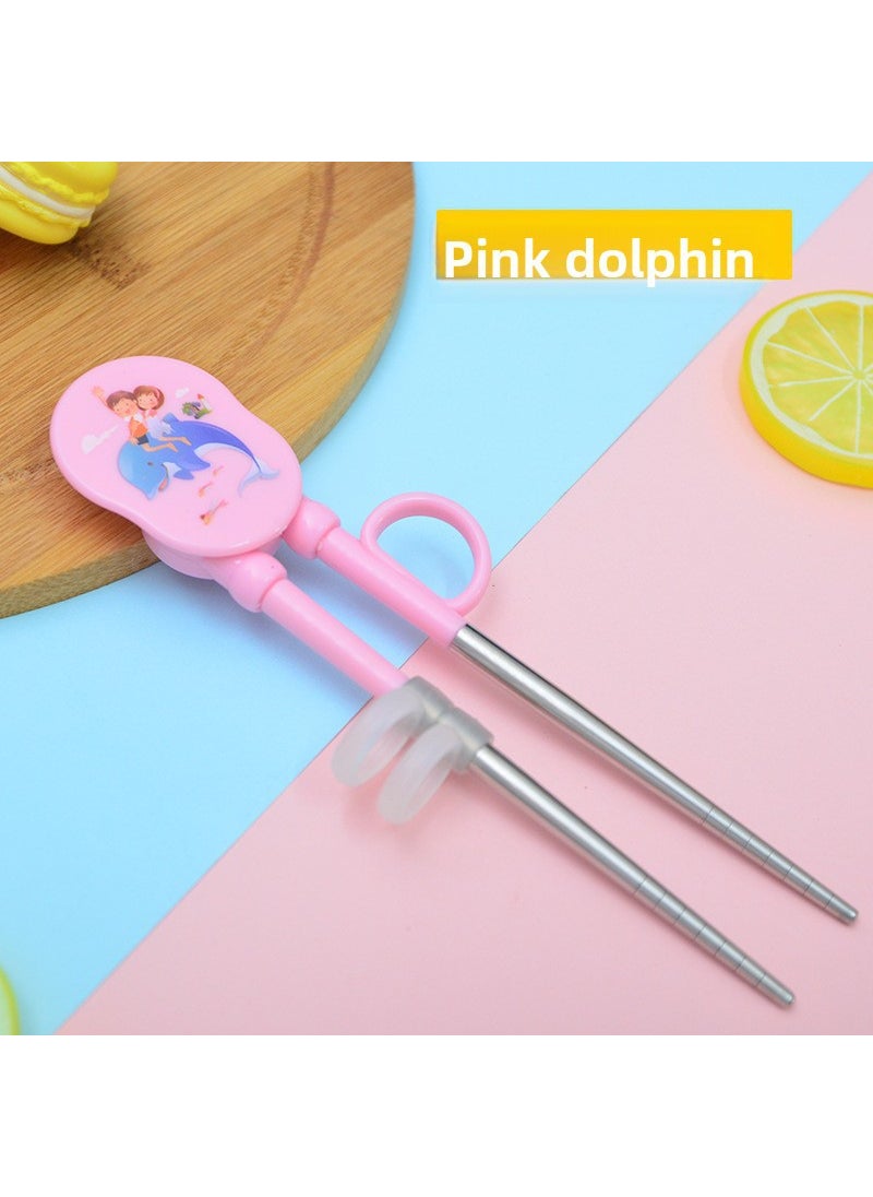 1 x 5 pcs Kids Training Chopsticks Cartoon 304 Stainless Steel Dolphin-Pink 