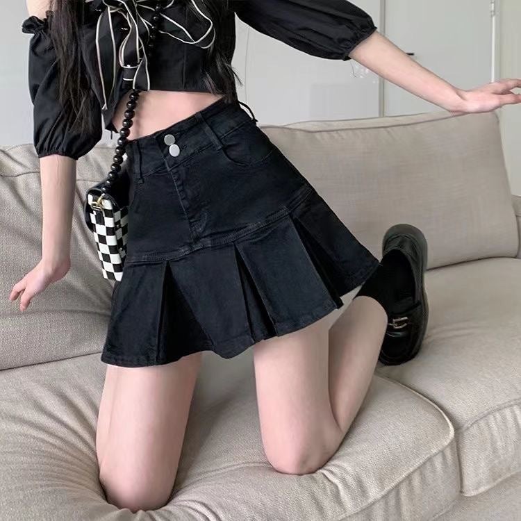 High Waist Pleated Denim Skirt Women'S 2023 New Slimming Design Sense A- Character Girl Hip Short Skirt - Image 2