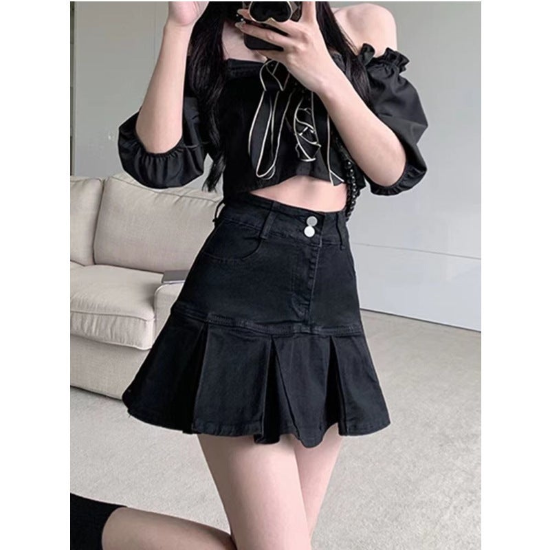 High Waist Pleated Denim Skirt Women'S 2023 New Slimming Design Sense A- Character Girl Hip Short Skirt - Image 4