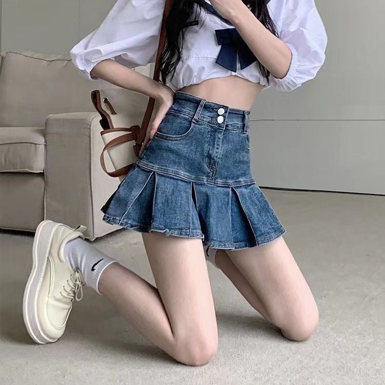 High Waist Pleated Denim Skirt Women'S 2023 New Slimming Design Sense A- Character Girl Hip Short Skirt - Image 1