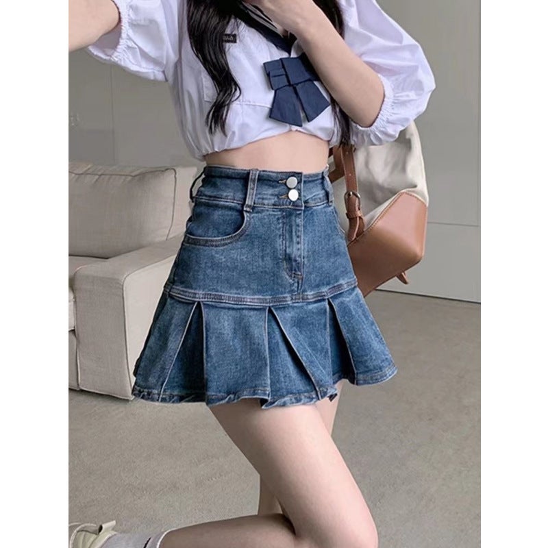 High Waist Pleated Denim Skirt Women'S 2023 New Slimming Design Sense A- Character Girl Hip Short Skirt - Image 3