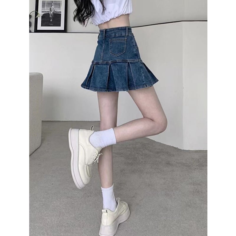 High Waist Pleated Denim Skirt Women'S 2023 New Slimming Design Sense A- Character Girl Hip Short Skirt - Image 5