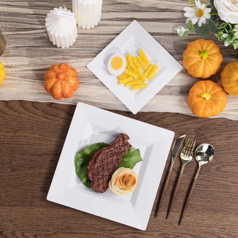 N9R 60PCS White Square Plastic Plates, 30 Dinner & 30 Dessert Plates Heavy Duty, Fancy Disposable Plates for Party, Wedding and other Events - Image 5