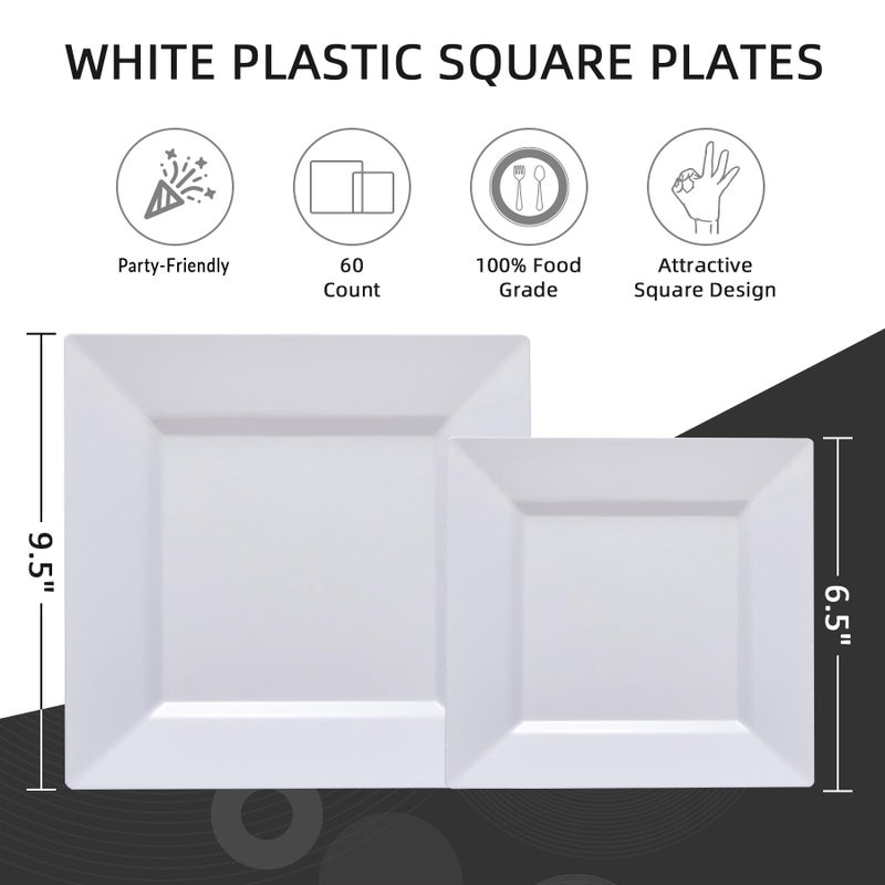 N9R 60PCS White Square Plastic Plates, 30 Dinner & 30 Dessert Plates Heavy Duty, Fancy Disposable Plates for Party, Wedding and other Events - Image 3