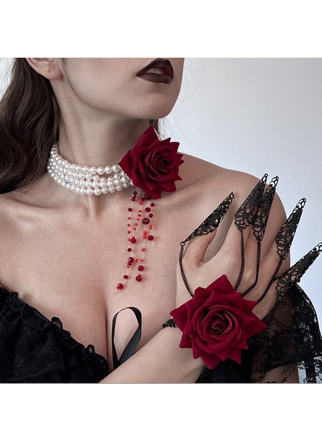 JCB CHIC Multilayer Imitation Pearl Rose Flower Clavicle Chain Necklace bracelet Women Goth Red Crystal Pendant Choker Halloween  Jewelry For Women - Image 1