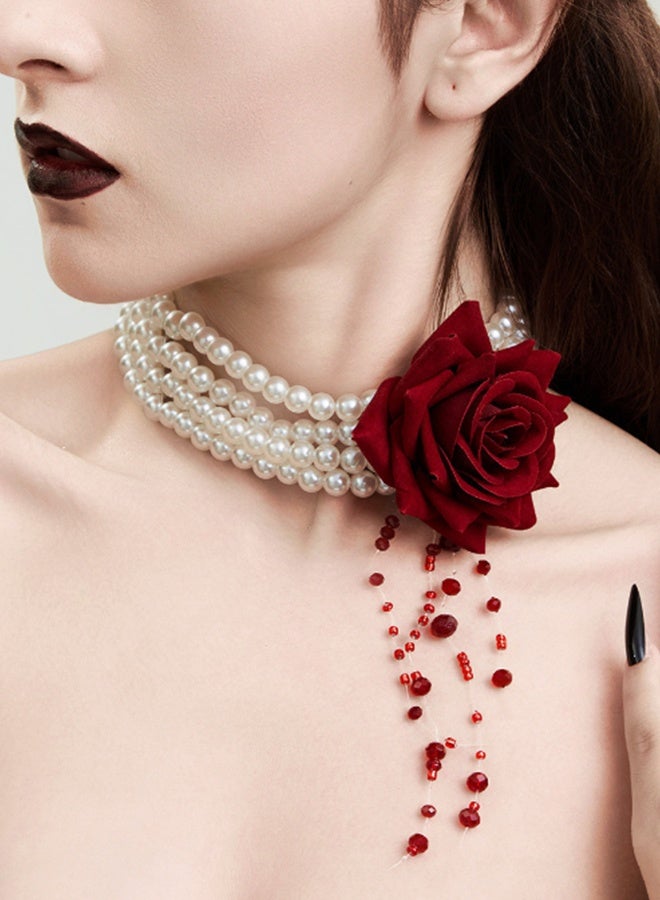JCB CHIC Multilayer Imitation Pearl Rose Flower Clavicle Chain Necklace bracelet Women Goth Red Crystal Pendant Choker Halloween  Jewelry For Women - Image 2