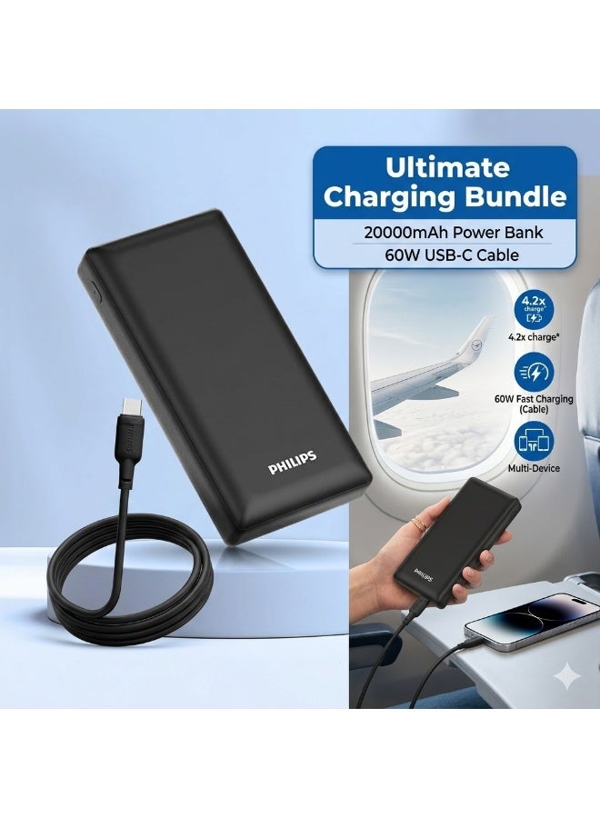 Philips [Ultimate Charging Bundle] Philips 20000mAh 20W Power Bank & 60W Fast Charging USB-C Silicone Cable (1.2m) - 2-in-1 Travel Power Solution - Image 1