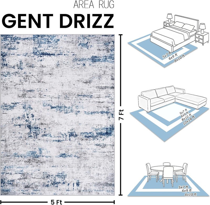 Gent drizz سجادات المناطق لغرفة المعيشة: سجادة كبيرة مقاس 5x7، ناعمة، ذات تصميم معاصر ومجرد، مزودة بطبقة خلفية مطاطية غير زلقة لوضعها تحت طاولة الطعام، مناسبة لغرفة النوم، المكتب، أو المنزل الريفي، بألوان الأبيض والرمادي والأزرق. - Image 2
