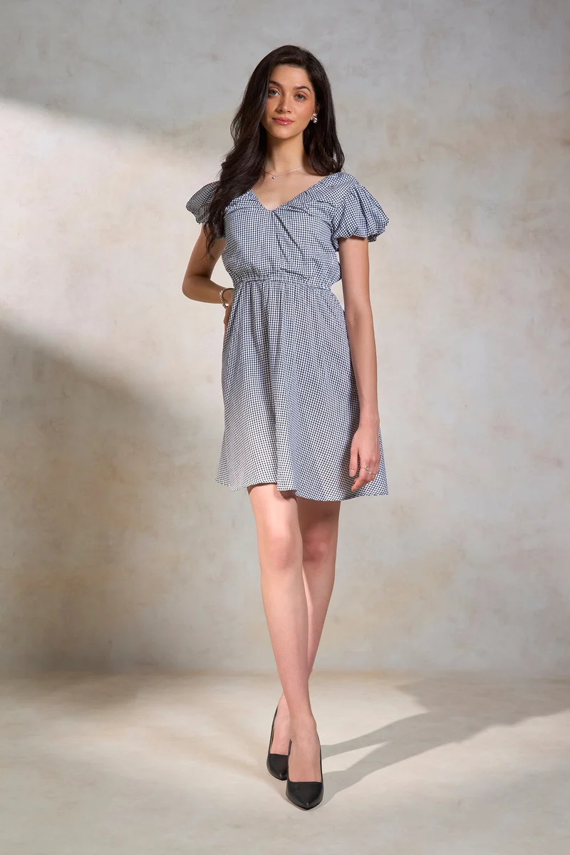 فيرجيو Gingham Cotton Soft Gingham Back Bow-Tie Dress for Women