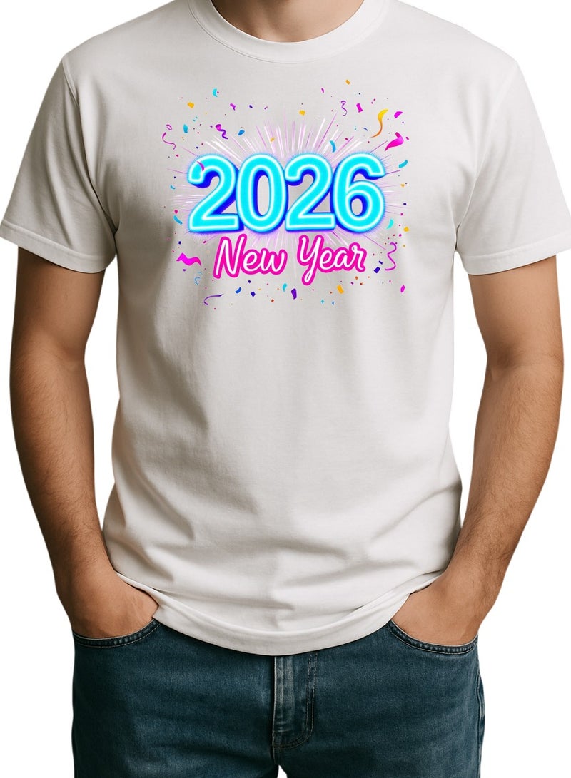 2026 New Year T-Shirt - White - Neon Blue Numbers & Pink Script with Confetti Print Unisex T Shirt - Image 1
