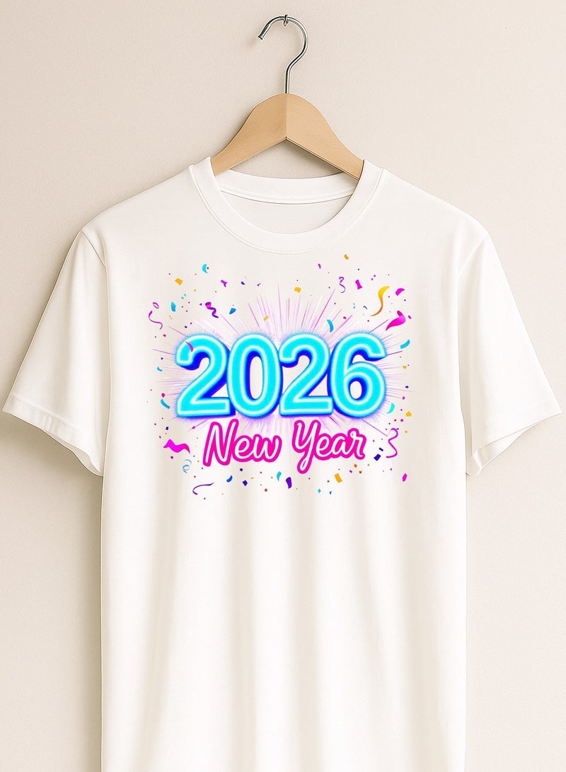 2026 New Year T-Shirt - White - Neon Blue Numbers & Pink Script with Confetti Print Unisex T Shirt - Image 2