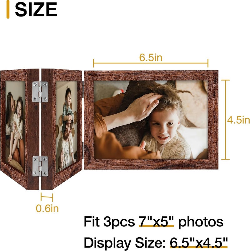 decorUhome Triple 7x5 Picture Frame Horizontal, Engineered Wood Trifold Photo Frame with Plexiglass for Tabletop Display, 7x5, Distressed Brown - Image 4