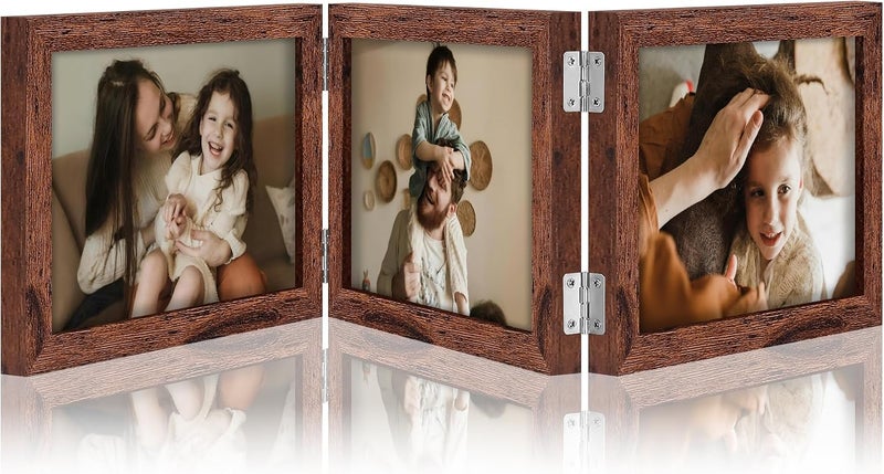decorUhome Triple 7x5 Picture Frame Horizontal, Engineered Wood Trifold Photo Frame with Plexiglass for Tabletop Display, 7x5, Distressed Brown - Image 1
