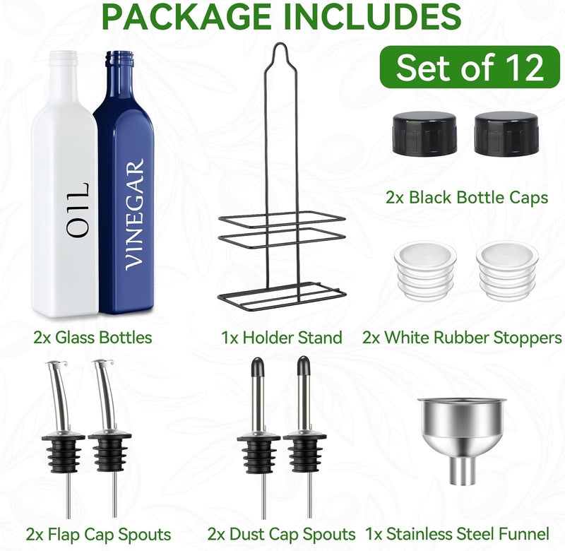 Vakoo Oil and Vinegar Dispenser Set - 17oz/500ml, Extra Thick Glass, Leak-Proof, Olive Oil Dispenser Bottle for Kitchen (White Blue) - Image 2
