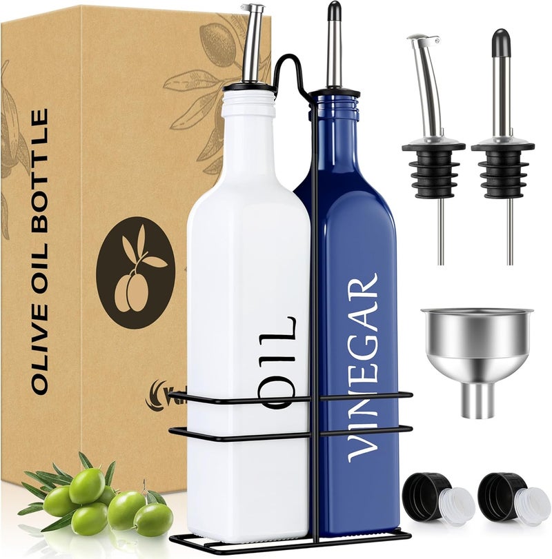 Vakoo Oil and Vinegar Dispenser Set - 17oz/500ml, Extra Thick Glass, Leak-Proof, Olive Oil Dispenser Bottle for Kitchen (White Blue) - Image 1